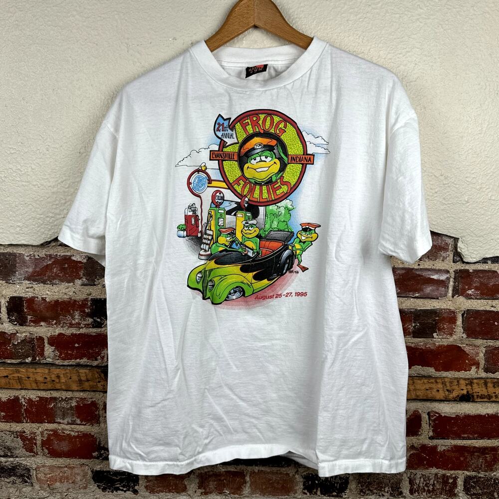 Vintage Frog Follies Shirt XL White Short Sleeve Single Stitch Double Sided 1995